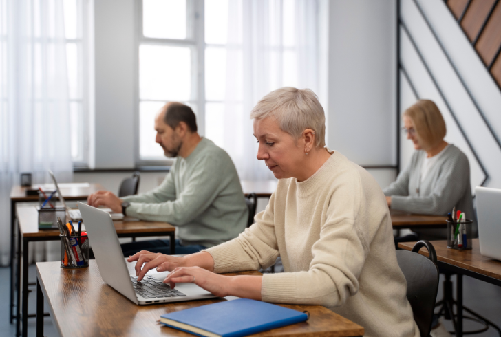 Older worker confidently learning on a computer in a training session