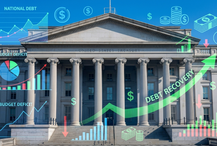Treasury building with financial data graphics