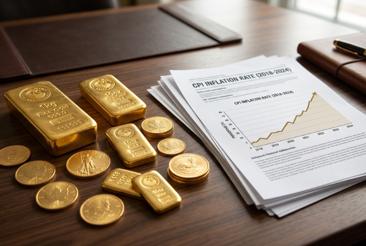 Gold bars sit beside an inflation chart and financial documents